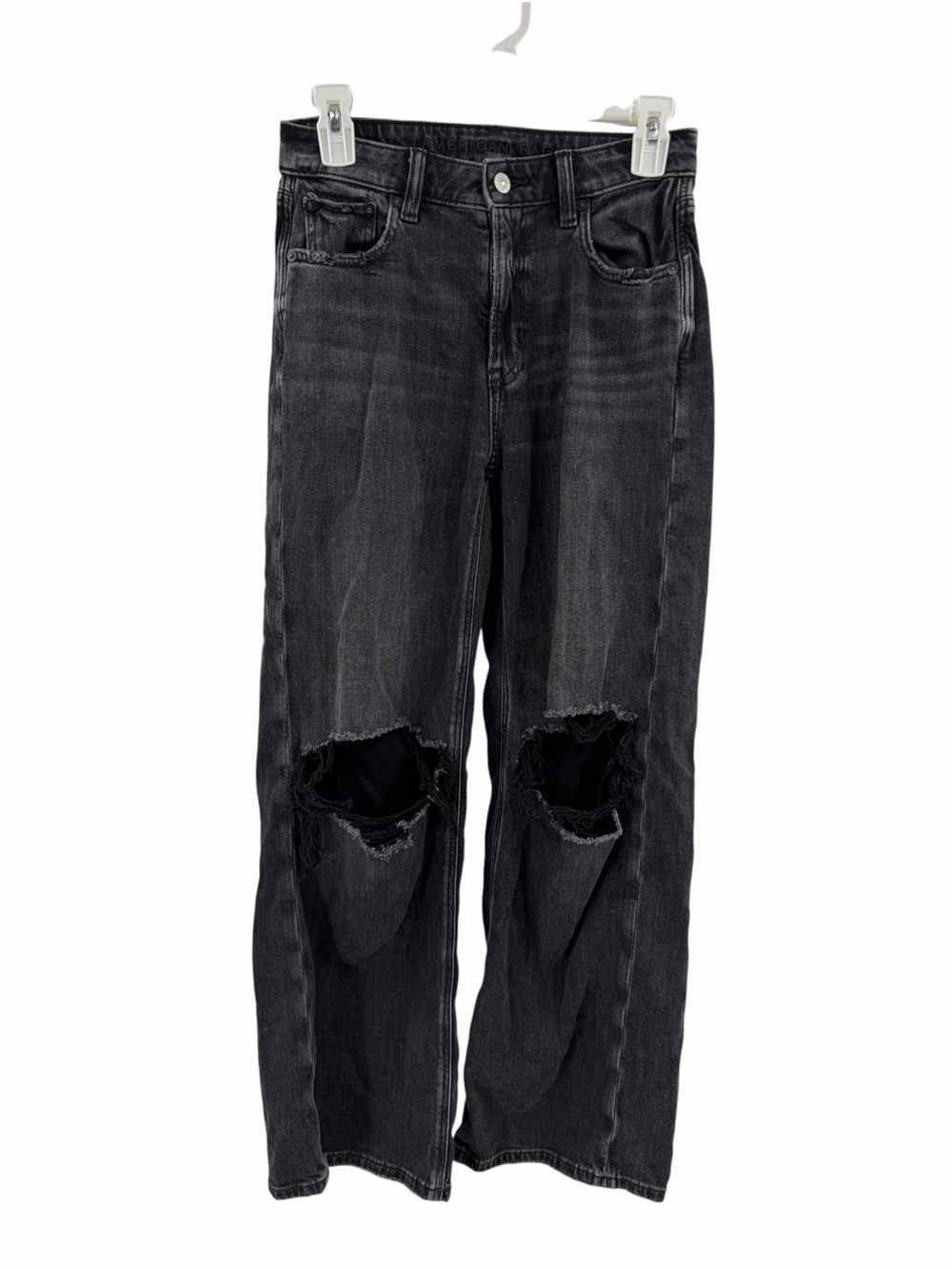 American Eagle Super High Rise Baggy Wide Leg Distressed Gray Jeans  00 Short